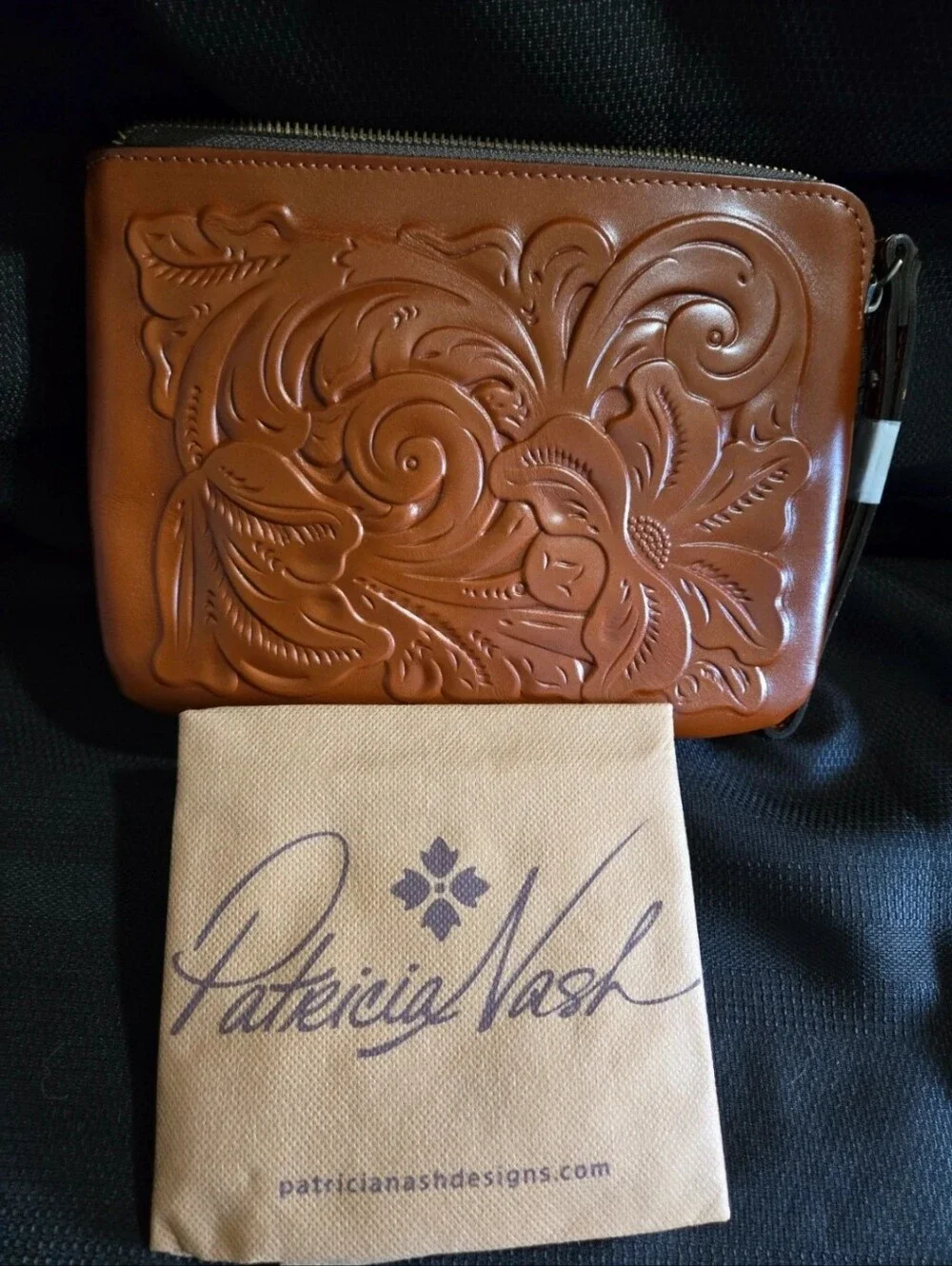 Patricia Nash Cassini Florence Tooled Leather XL Zip Pouch - Cognac NWT